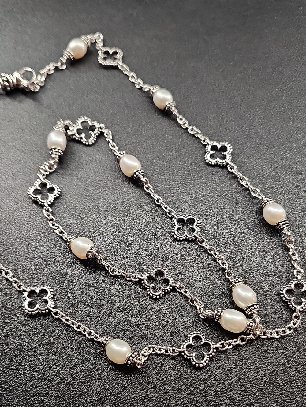 Sterling Silver Pearl Station Necklace - White Pearls